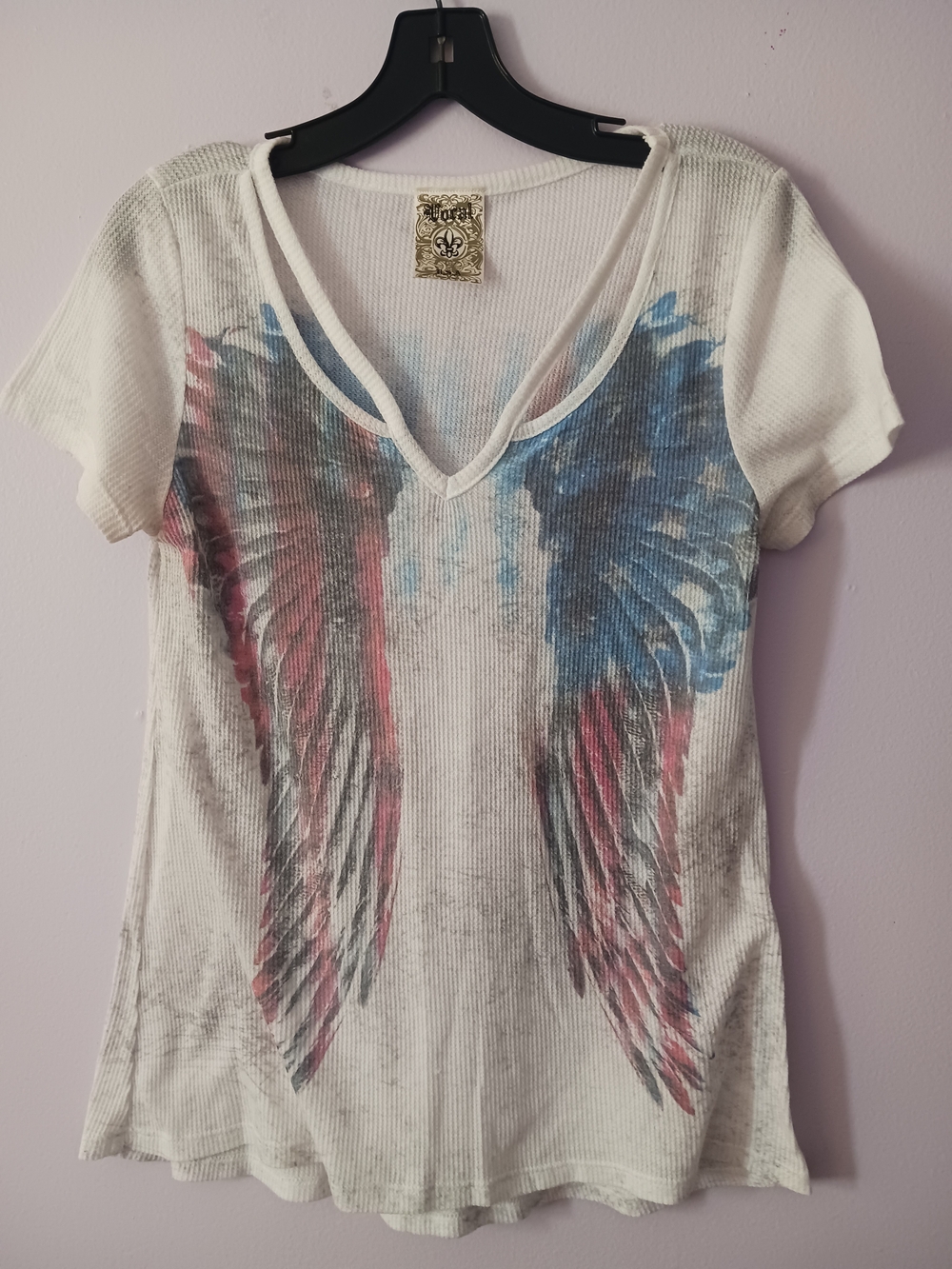 Vocal Women's White V-Neck Graphic Tee with Red & Blue Wing Print